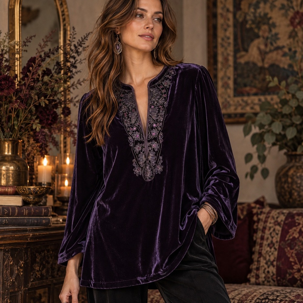 New Purple Velvet Tunic Top Sz M Beaded Embroidered Boho Whimsigoth Witchy